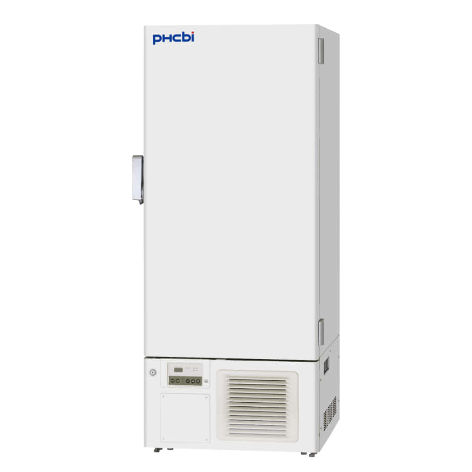 Ultratiefkühlschrank MDF-DU300H-PE PRO von PHC, PHCbi mit geschlossener Türe und Ansicht von der Seite