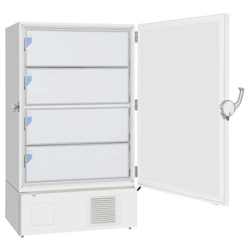 Ultratiefkühlschrank MDF-DU901VHL-PE VIP ECO von PHC, PHCbi mit offener Türe und Ansicht von der Seite