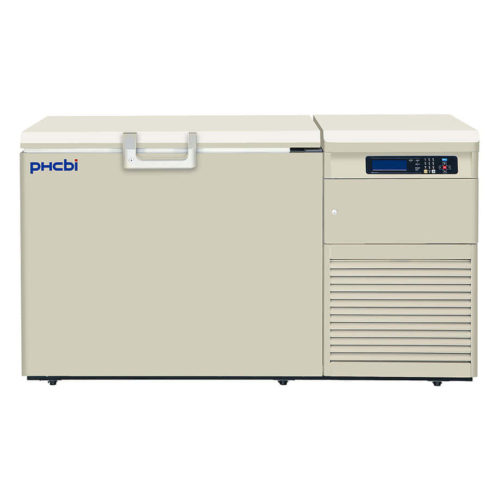 Kryogene Ultratiefkühltruhe MDF-C2156VANW-PE C Hybrid von PHC, PHCbi mit geschlossener Türe und Ansicht von vorne