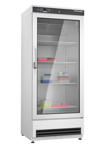 Laborkühlschrank LABO-468 von Kirsch mit geschlossener Glastüre und Ansicht von der Seite