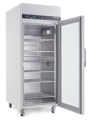 Laborkühlschrank LABO-720-CHROMAT von Kirsch mit offener Standardtüre und Ansicht von der Seite