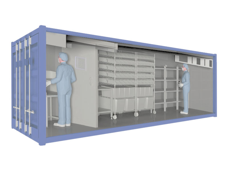 Seitenansicht eines mobilen Tiefkälte Pharmalager im 12 x 2,5 m Container für die Lagerung und Kryokonservierung bei -80 °C