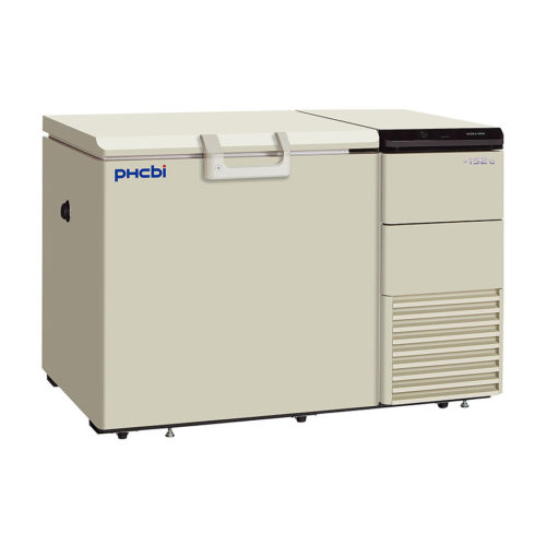 Kryogene Ultratiefkühltruhe MDF-1156ATN-PE von PHC, PHCbi mit geschlossener Türe und Ansicht von der Seite